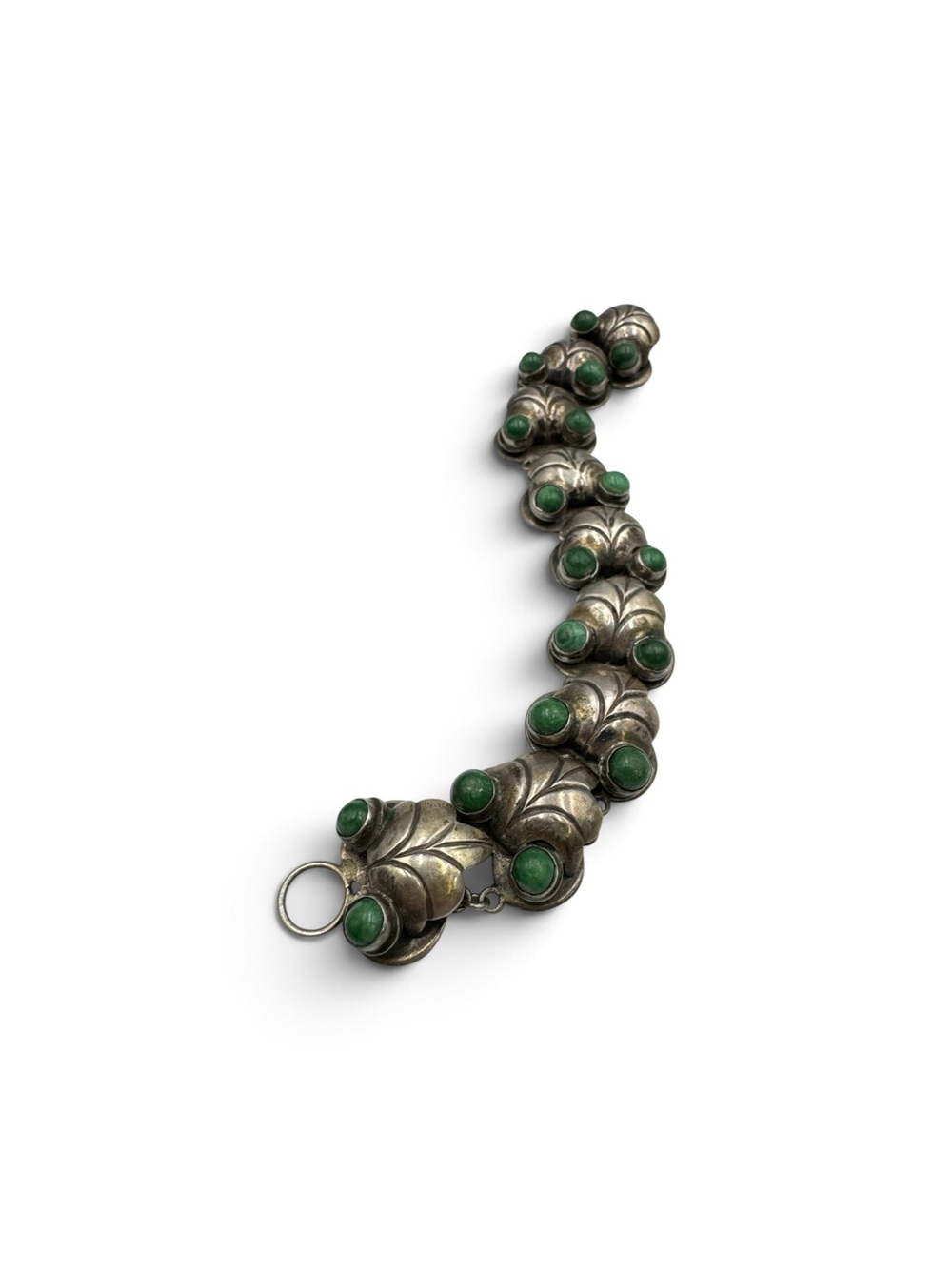 Vintage 1940s Mexico Sterling Silver Green Stone Leaf Bracelet 8” 47g